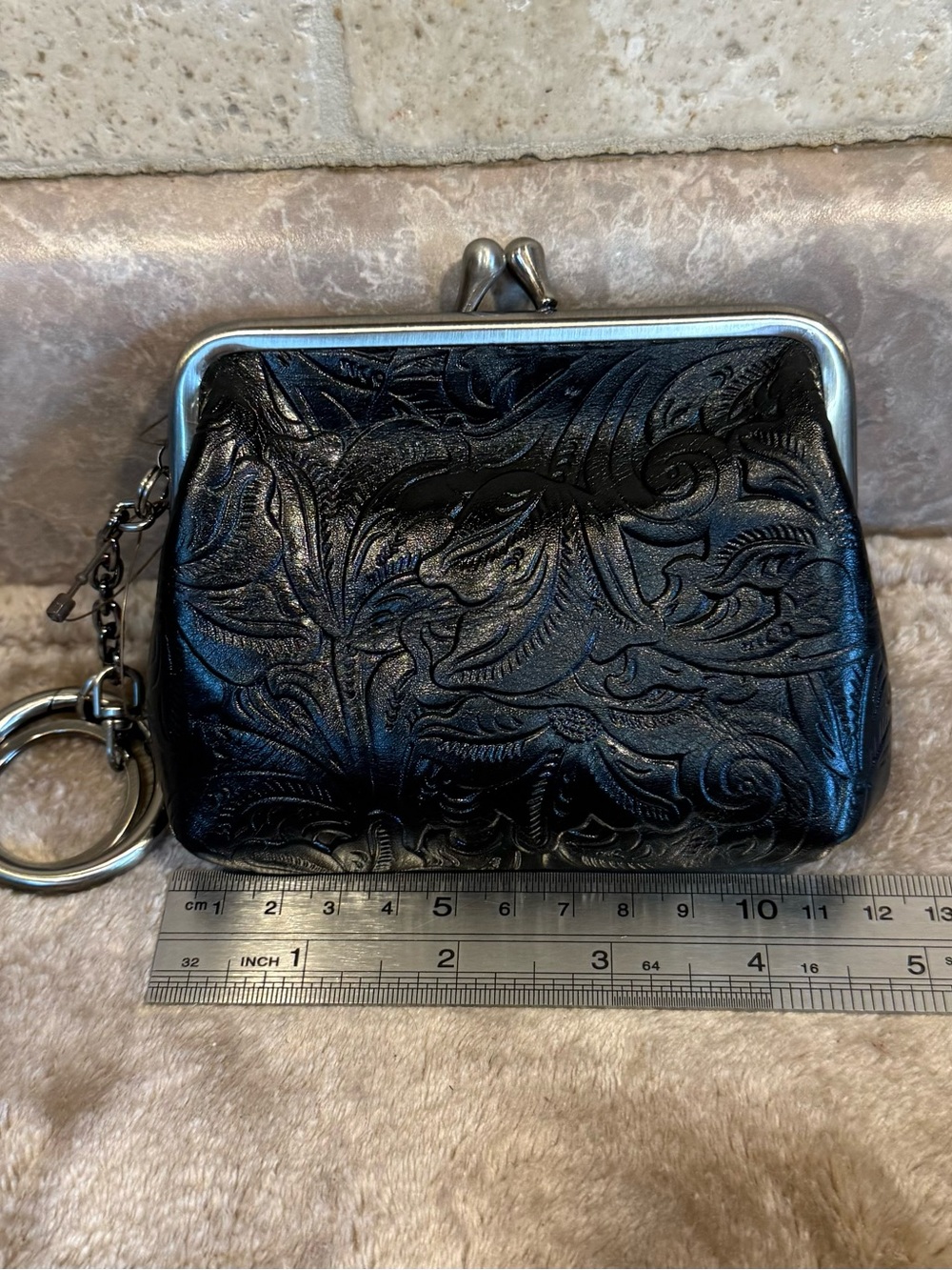 NWT Patricia Nash Large Borse Black Tooled Leather Coin Purse Keychain